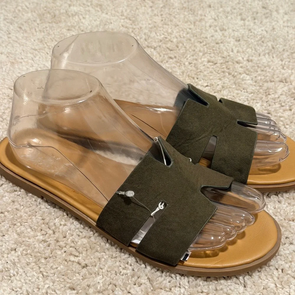 Mari A Olive Green H-Strap Slide Sandals Womens Size 8.5 M Flat Shoes